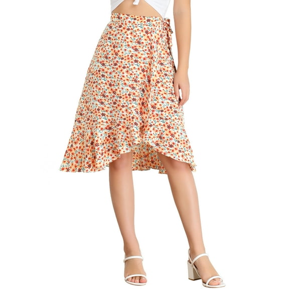INSPIRE CHIC Women's Ruffle Flare Tie Waist High Low Floral Wrap Skirt S White