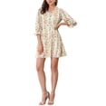 thumbnail image 1 of INSPIRE CHIC Women's Ruffle Floral 3/4 Sleeve A-Line V Neck Flare Dress XS White, 1 of 6