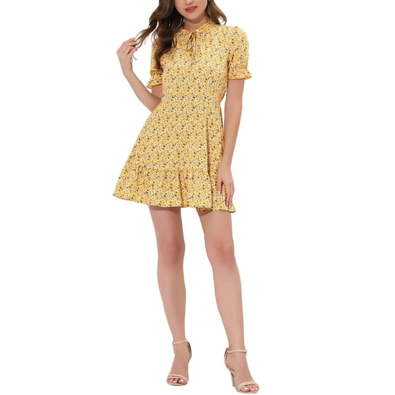 INSPIRE CHIC Women's Ruffle Floral Bow Tie Chiffon Puff Short Sleeve Fit & Flare Dress