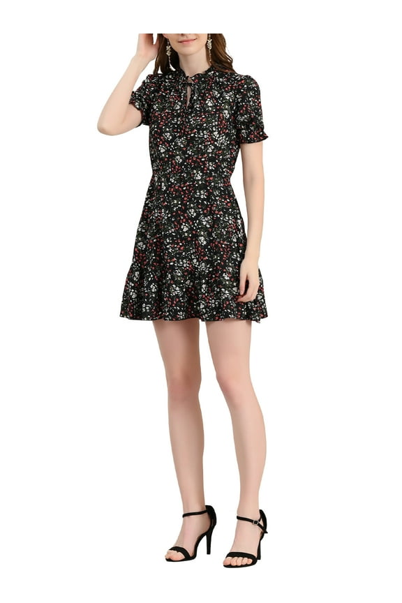 Women's Ruffle Floral Bow Tie Chiffon Puff Short Sleeve Fit & Flare Dress L Black-White