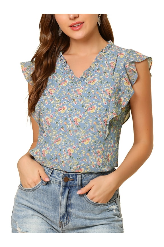 Women's Ruffle Floral Casual V Neck Cap Sleeve Summer Tops M Blue-B