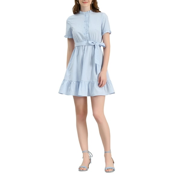 INSPIRE CHIC Women's Ruffle Hem Fit and Flare Frill Trim Button Front Dresses S Light Blue