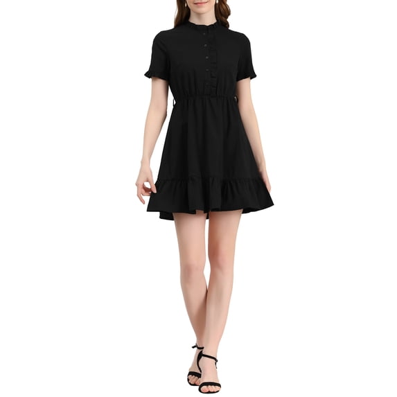 INSPIRE CHIC Women's Ruffle Hem Fit and Flare Frill Trim Button Front Dresses S Black