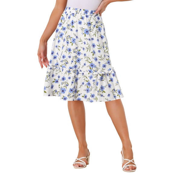 INSPIRE CHIC Women's Skirts Elastic Waist A-Line Flowy Tiered Ruffle Floral Midi Skirt Light Blue S
