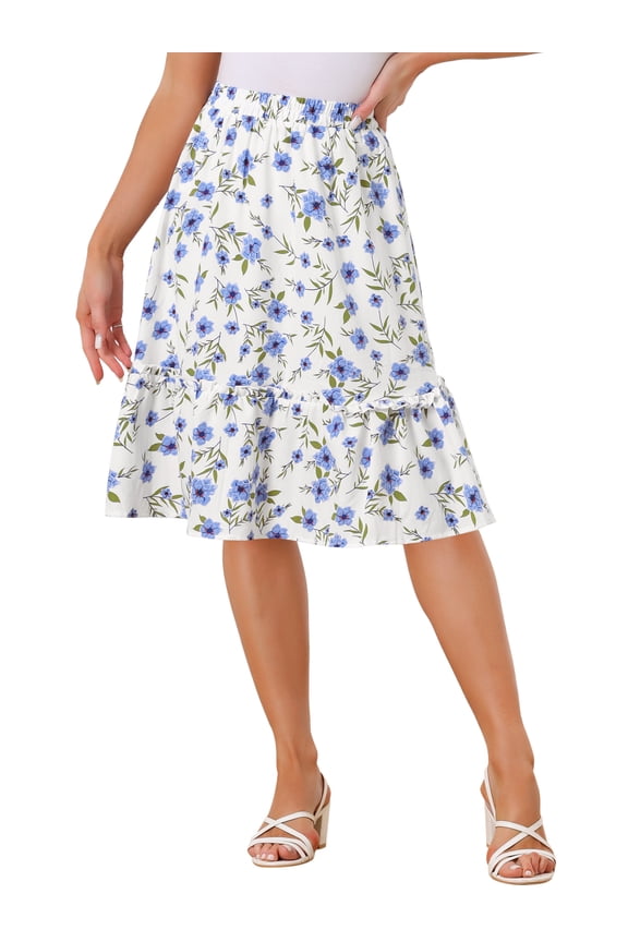 Women's Skirts Elastic Waist A-Line Flowy Tiered Ruffle Floral Midi Skirt Light Blue L