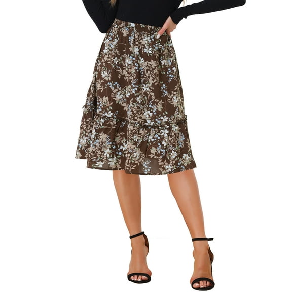 INSPIRE CHIC Women's Skirts Knee Length Elastic Waist A-Line Flowy Tiered Ruffle Floral Skirt S Brown