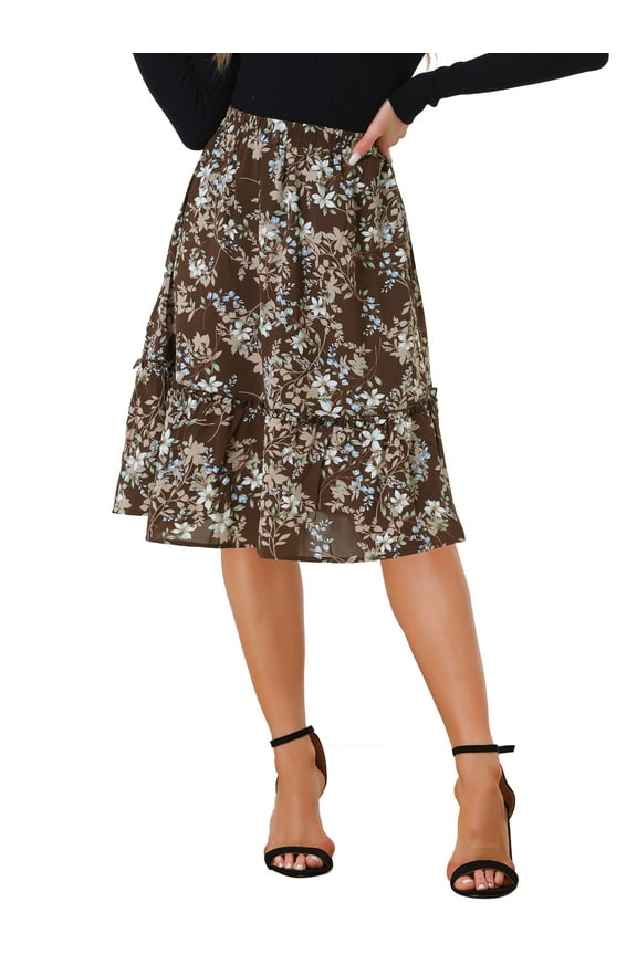 Women's Skirts Knee Length Elastic Waist A-Line Flowy Tiered Ruffle Floral Skirt S Brown