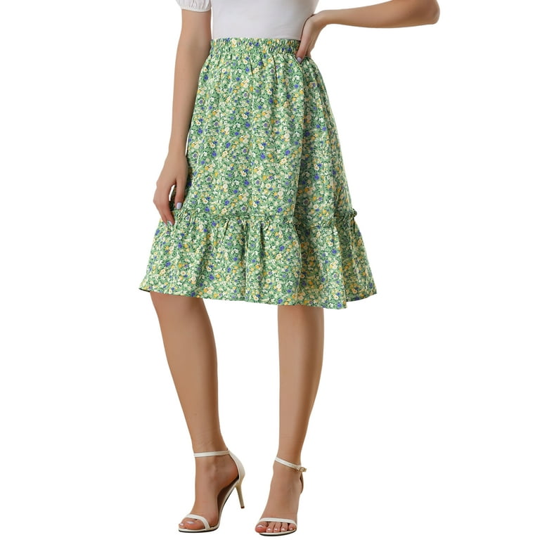 Allegra K Women's Floral Midi Skirt, Elastic Waist, Tiered A-Line