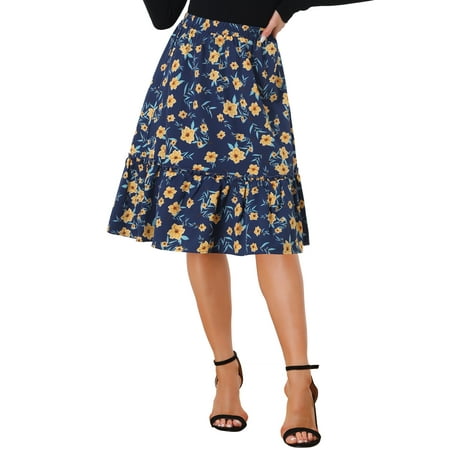 INSPIRE CHIC Women's Skirts Elastic Waist A-Line Flowy Tiered Ruffle Floral Midi Skirt Dark Blue S
