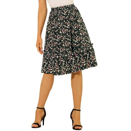 INSPIRE CHIC Women's Skirts Elastic Waist A-Line Flowy Tiered Ruffle Floral Midi Skirt Black 3XL