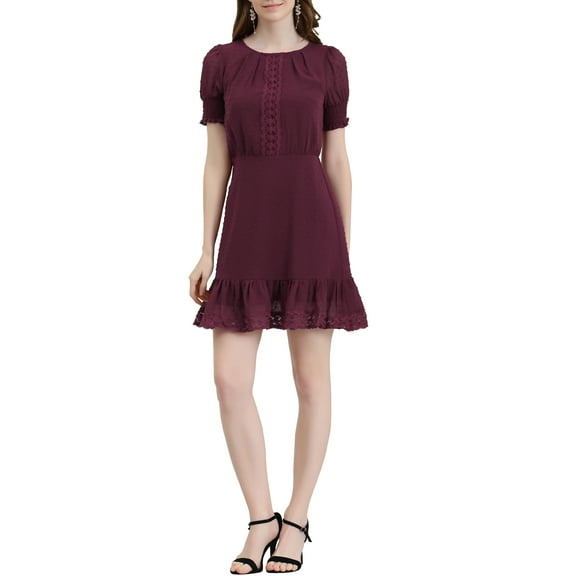 INSPIRE CHIC Women's Ruffle Hem Short Puff Sleeve Party A-Line Mini Dress S Wine