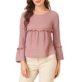 thumbnail image 1 of INSPIRE CHIC Women's Ruffle Hem Top Textured Round Neck Bell Long Sleeve Blouse L Dusty Pink, 1 of 6