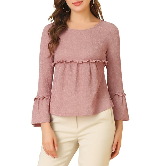 Allegra K Women's Ruffle Hem Top Textured Round Neck Bell Long Sleeve Blouse M Dusty Pink