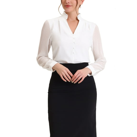 INSPIRE CHIC Women's Ruffle High Neck Shirt Button Decor Sheer Long Sleeve Blouse Tops S White