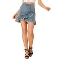 thumbnail image 1 of INSPIRE CHIC Women's Denim Skirt High Waist Ruffle Trim Irregular Hem Button Decor Mini Skirt L Blue Grey, 1 of 6