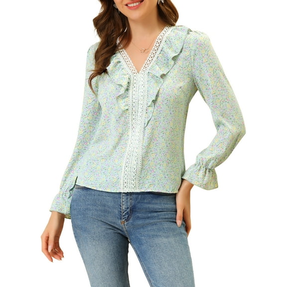 INSPIRE CHIC Women's Ruffle Elegant Lace Trim V Neck Chiffon Top Ditsy Floral Blouse Light Green XL