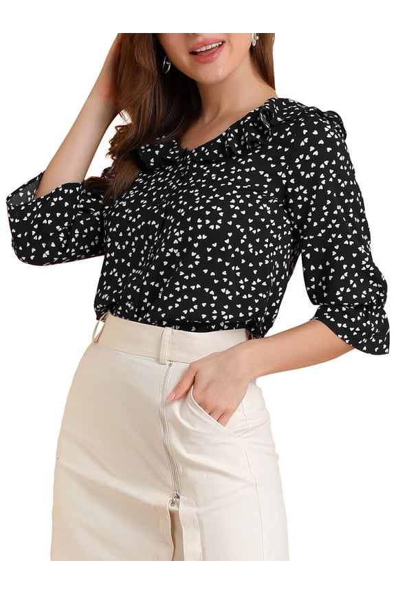 Women's Ruffle Lapel Collar Heart Print Button Down Elbow Sleeve Shirt Black L