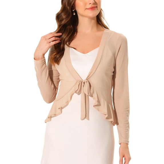INSPIRE CHIC Women's Ruffle Long Sleeves Casual Self Tie Bolero Mesh Shrugs L Khaki