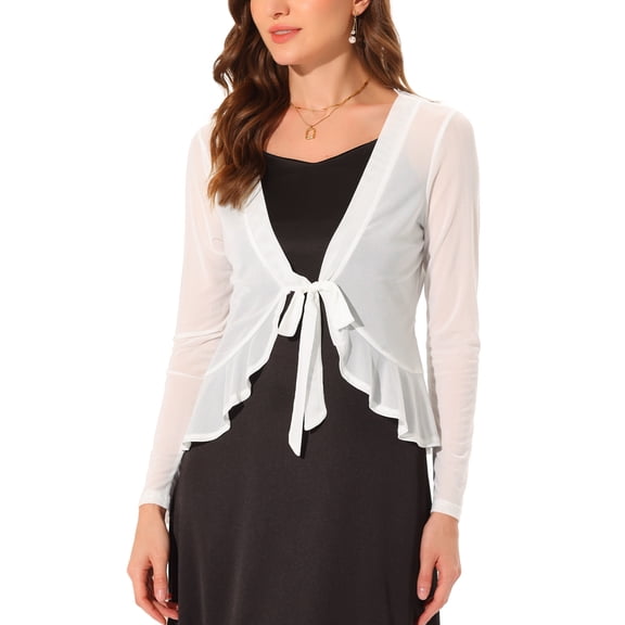 INSPIRE CHIC Women's Ruffle Long Sleeves Casual Self Tie Bolero Mesh Shrugs S White