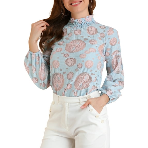 Allegra K Women's Ruffle Mock Neck Floral Lace Long Sleeves Semi Sheer Elegant Blouse
