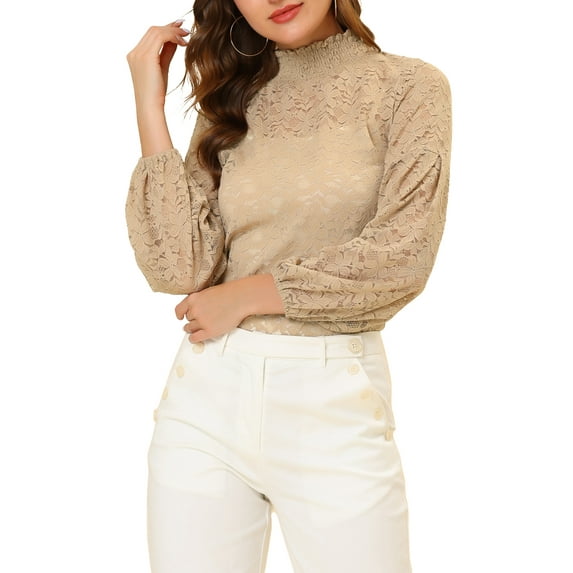 Allegra K Women's Ruffle Mock Neck Floral Lace Long Sleeves Semi Sheer Elegant Blouse