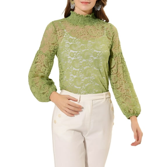 Allegra K Women's Ruffle Mock Neck Floral Lace Long Sleeves Semi Sheer Elegant Blouse