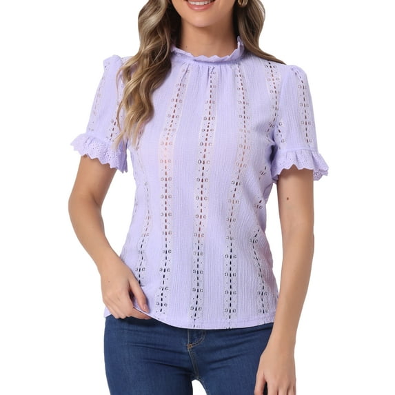 INSPIRE CHIC Women's Mock Neck Puff Short Sleeve Casual Crochet Eyelet Embroidery Ruffle Blouse M Light Purple