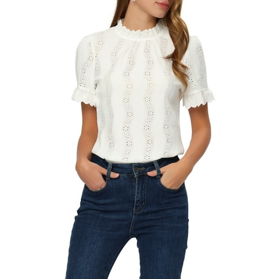 INSPIRE CHIC Women's Mock Neck Puff Short Sleeve Casual Crochet Eyelet Embroidery Ruffle Blouse XS White