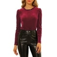 thumbnail image 1 of INSPIRE CHIC Women's Ruffle Neck Blouse Puff Long Sleeve Metallic Dots Velvet Top M Burgundy, 1 of 7