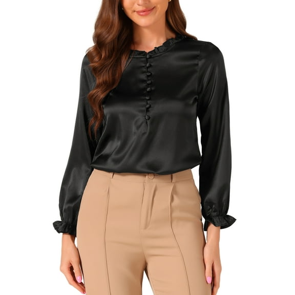 INSPIRE CHIC Women's Ruffle Neck Bubble Sleeve Elastic Cuff Button Office Blouse S Black