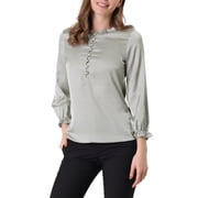 INSPIRE CHIC Women's Ruffle Neck Bubble Sleeve Elastic Cuff Button Office Blouse S Gray