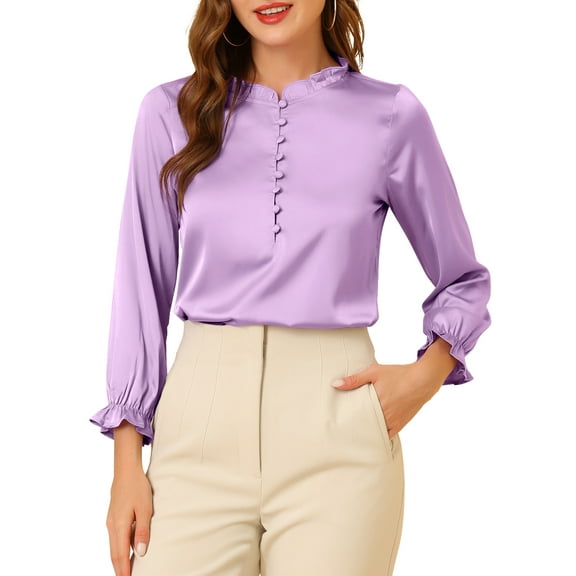 INSPIRE CHIC Women's Ruffle Neck Bubble Sleeve Elastic Cuff Button Office Blouse S Lavender
