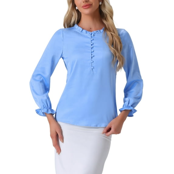 INSPIRE CHIC Women's Ruffle Neck Bubble Sleeve Elastic Cuff Button Office Blouse S Light Blue