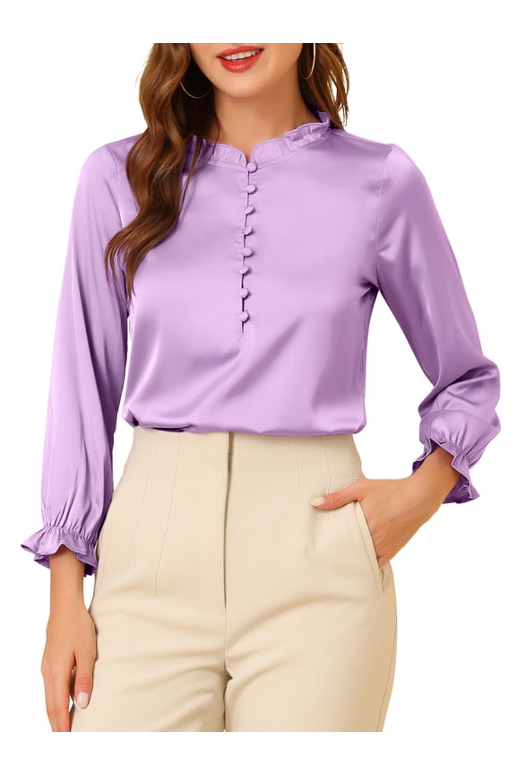 Women's Ruffle Neck Bubble Sleeve Elastic Cuff Button Office Blouse XL Lavender