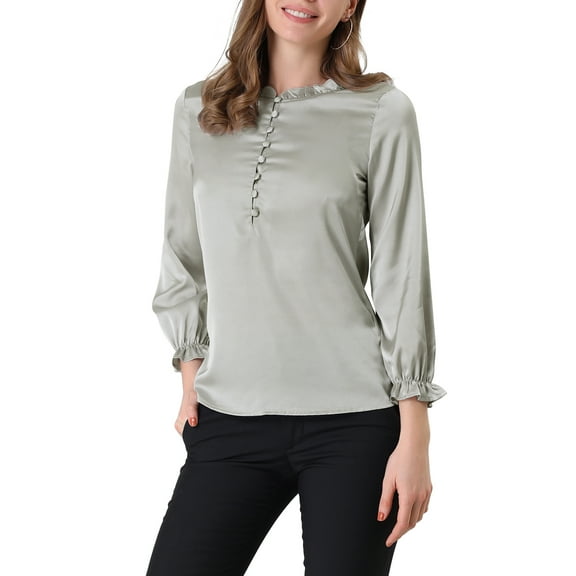 INSPIRE CHIC Women's Ruffle Neck Bubble Sleeve Elastic Cuff Button Office Blouse XS Gray