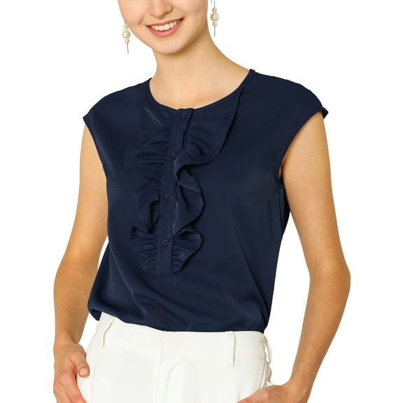 INSPIRE CHIC Women's Ruffle Neck Cap Sleeves Button Placket Loose Blouse M Navy Blue