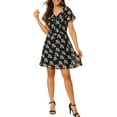thumbnail image 1 of Allegra K Women's Ruffle Neck Chiffon Floral Short Sleeve High Waisted Dress, 1 of 6