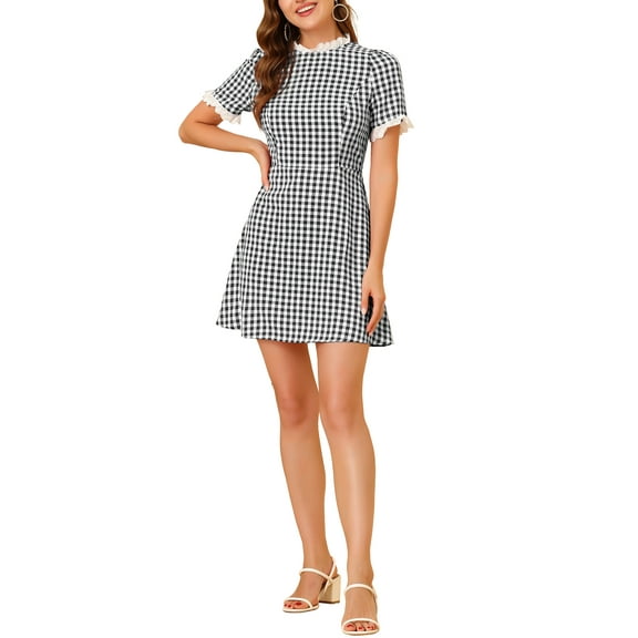 INSPIRE CHIC Women's Ruffle Neck Contrast Panel Color Vintage Short Sleeve Dresses S Black