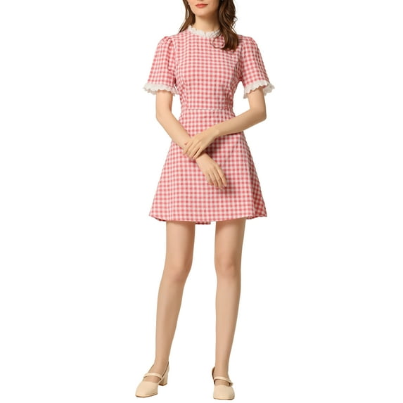 INSPIRE CHIC Women's Ruffle Neck Contrast Panel Color Vintage Short Sleeve Dresses XL Pink