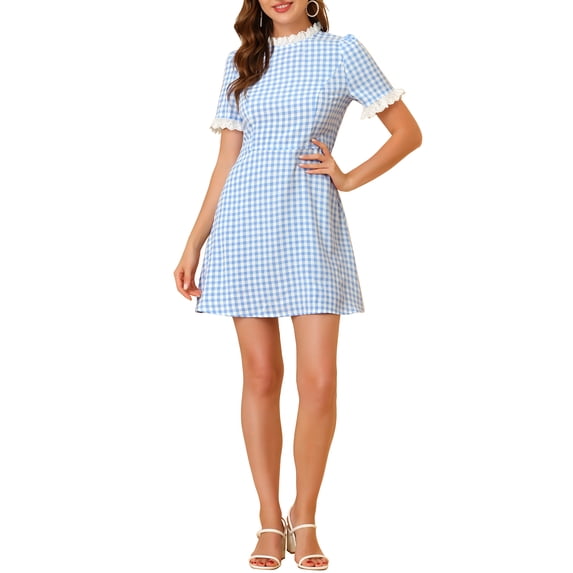 INSPIRE CHIC Women's Ruffle Neck Contrast Panel Color Vintage Short Sleeve Dresses S Blue