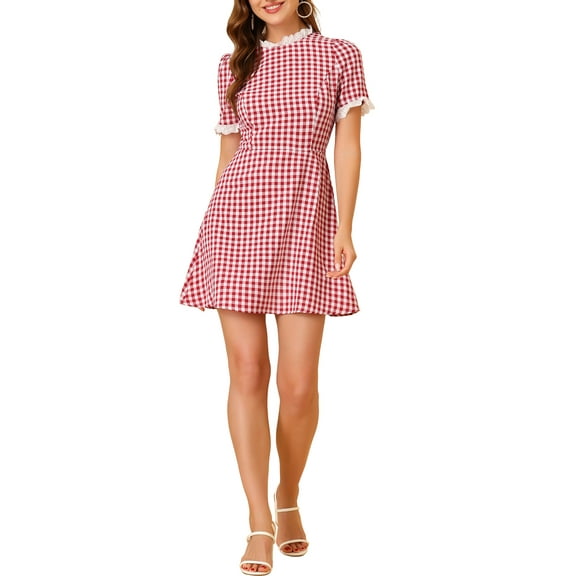 INSPIRE CHIC Women's Ruffle Neck Contrast Panel Color Vintage Short Sleeve Dresses M Red