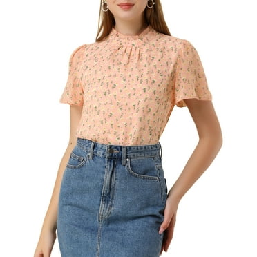 Allegra K Women's Ruffle Neck Floral Keyhole Back Chiffon Blouse L Pink