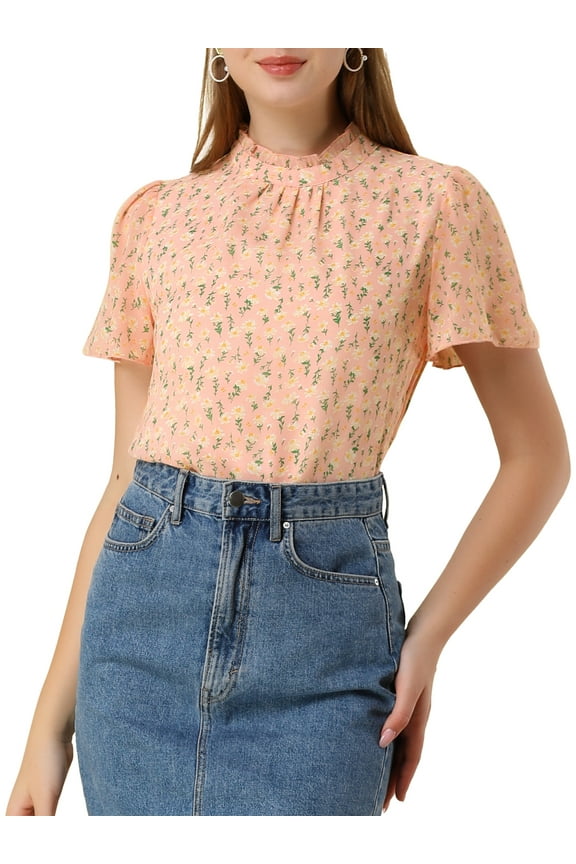 Women's Ruffle Neck Floral Keyhole Back Chiffon Blouse XL Pink