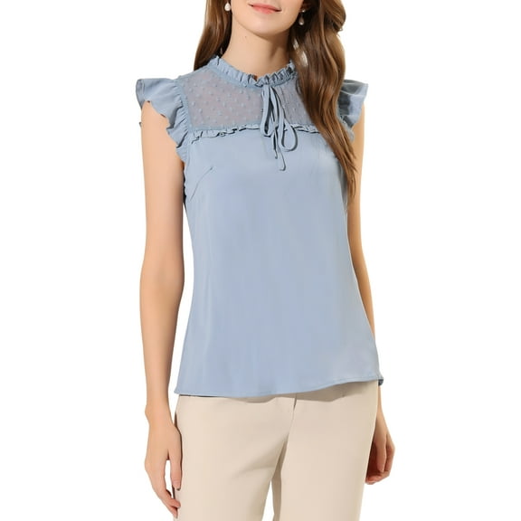 INSPIRE CHIC Women's Ruffle Neck Keyhole Back Butterfly Sleeveless Bow Tie Blouse L Haze Blue