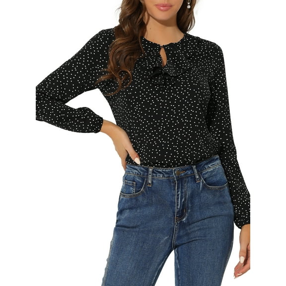 INSPIRE CHIC Women's Valentine's Day Ruffle Neck Long Sleeve Blouse Shirts M Black-Dots