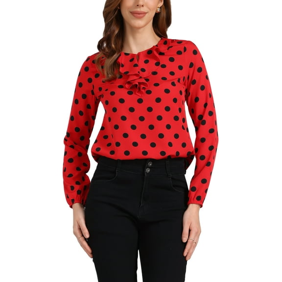 INSPIRE CHIC Women's Valentine's Day Ruffle Neck Long Sleeve Blouse Shirts M Red Black-Dots