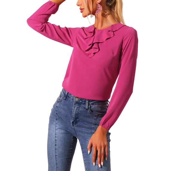 INSPIRE CHIC Women's Valentine's Day Ruffle Neck Long Sleeve Blouse Shirts S Hot Pink-Solid