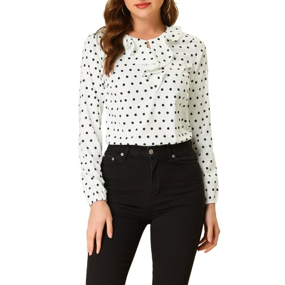 INSPIRE CHIC Women's Valentine's Day Ruffle Neck Long Sleeve Blouse Shirts S White Black-Dots
