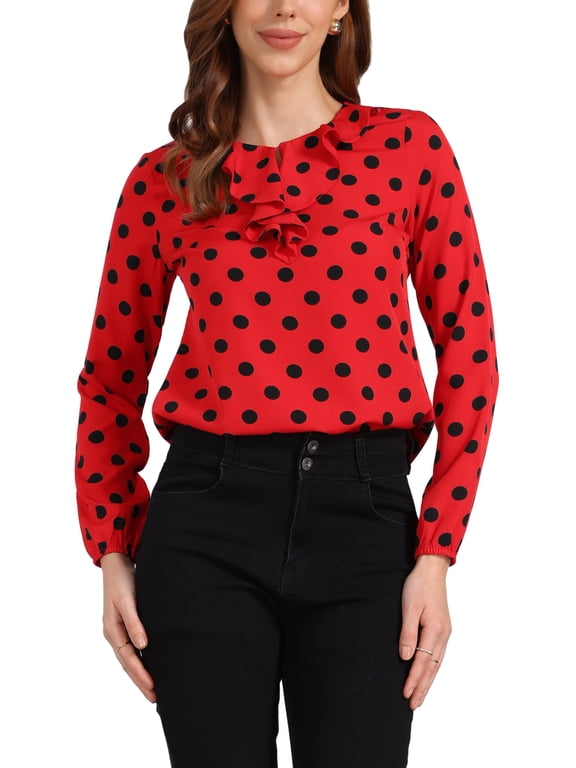 Women's Halloween Ruffle Neck Long Sleeve Blouse Shirts XL Red Black-Dots