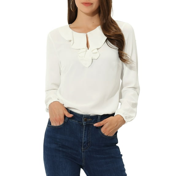 INSPIRE CHIC Women's Valentine's Day Ruffle Neck Long Sleeve Blouse Shirts XS White-Solid
